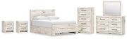 Lawroy Queen Panel Bed with Storage, Dresser, Mirror, Chest and 2 Nightstands in Light Natural - PKG020151