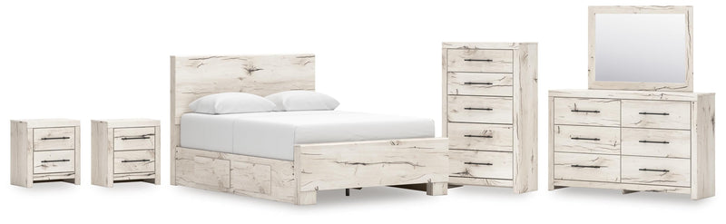 Lawroy Queen Panel Bed with Storage, Dresser, Mirror, Chest and 2 Nightstands in Light Natural - PKG020151