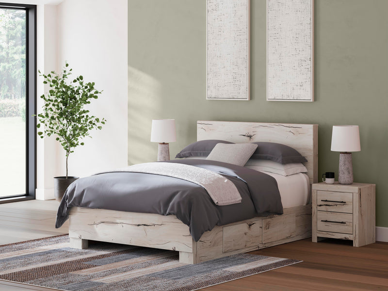 Lawroy Queen Panel Bed with Storage, Dresser, Mirror, Chest and 2 Nightstands in Light Natural - PKG020151