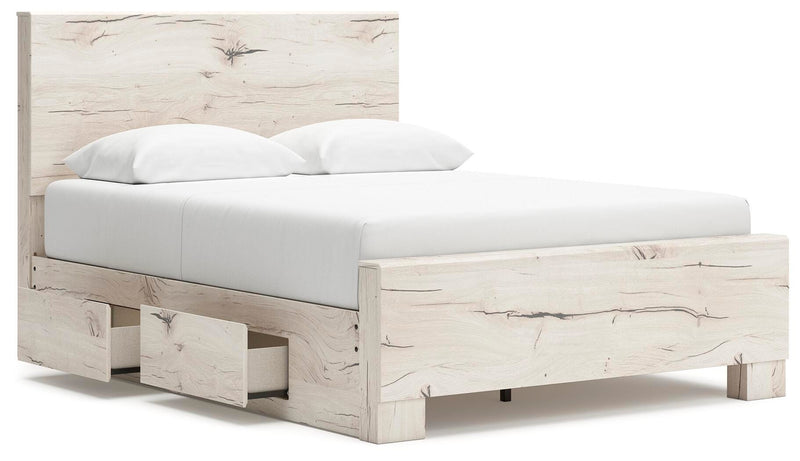 Lawroy Queen Panel Bed with Storage, Dresser, Mirror, Chest and Nightstand in Light Natural - PKG020145