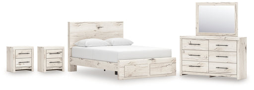 Lawroy Queen Panel Storage Bed with Mirrored Dresser and 2 Nightstands in Light Natural from Ashley - DMV Furniture