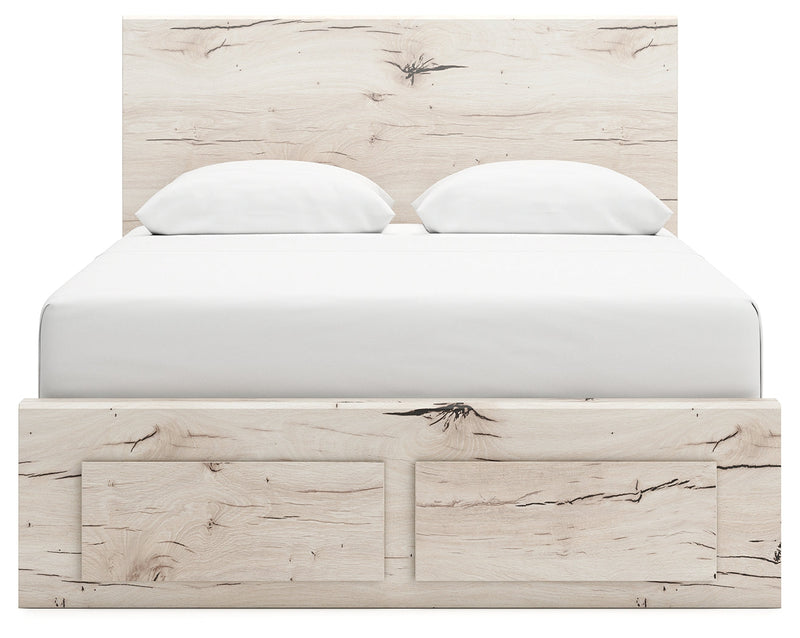 Lawroy Queen Panel Storage Bed with Mirrored Dresser and Chest in Light Natural from Ashley - DMV Furniture