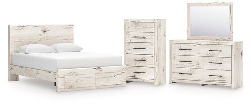 Lawroy Queen Panel Storage Bed with Mirrored Dresser and Chest in Light Natural from Ashley - DMV Furniture