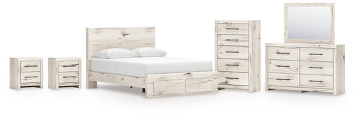 Lawroy Queen Panel Storage Bed with Mirrored Dresser, Chest and 2 Nightstands in Light Natural from Ashley - DMV Furniture