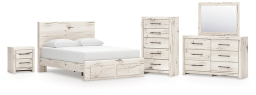 Lawroy Queen Panel Storage Bed with Mirrored Dresser, Chest and Nightstand in Light Natural from Ashley - DMV Furniture