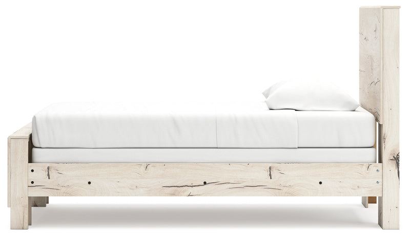 Lawroy Twin Panel Bed with Mirrored Dresser, Chest and 2 Nightstands in Light Natural from Ashley - DMV Furniture