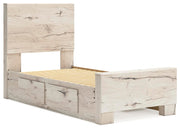 Lawroy Twin Panel Bed with Storage, Dresser, Mirror and Chest in Light Natural - PKG020243