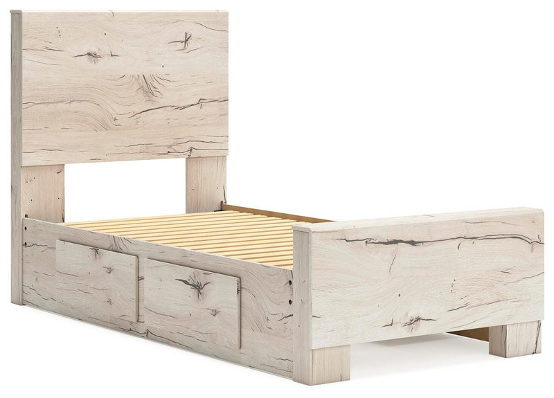 Lawroy Twin Panel Bed with Storage, Dresser, Mirror and Chest in Light Natural - PKG020243