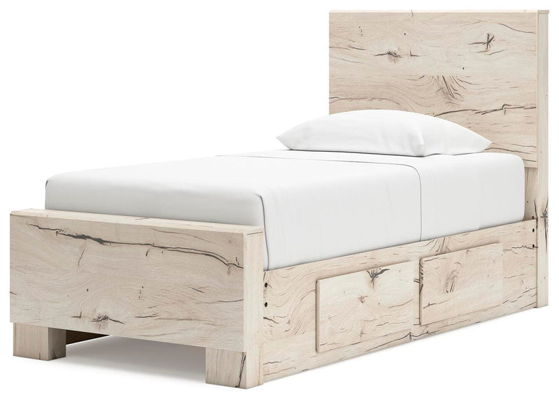 Lawroy Twin Panel Bed with Storage, Dresser, Mirror and Chest in Light Natural - PKG020243