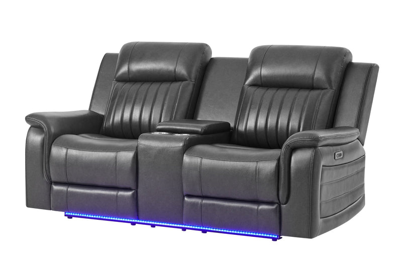 U8879 Blanche Charcoal Pwr Con Rec Ls W/Led, Global Ss & Subwoofer - U8879-CHAR W/ BLK WELT-PCRLS W/LED&GL SS