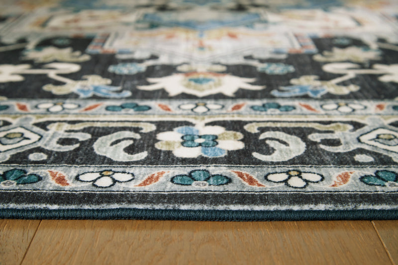 Leningston Black/Cream/Blue Washable Large Rug - R407061