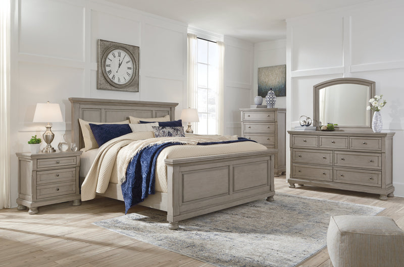 Lettner California King Panel Bed with Mirrored Dresser, Chest and Nightstand in Light Gray from Ashley - DMV Furniture