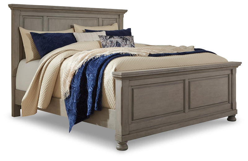 Lettner California King Panel Bed with Mirrored Dresser, Chest and Nightstand in Light Gray from Ashley - DMV Furniture