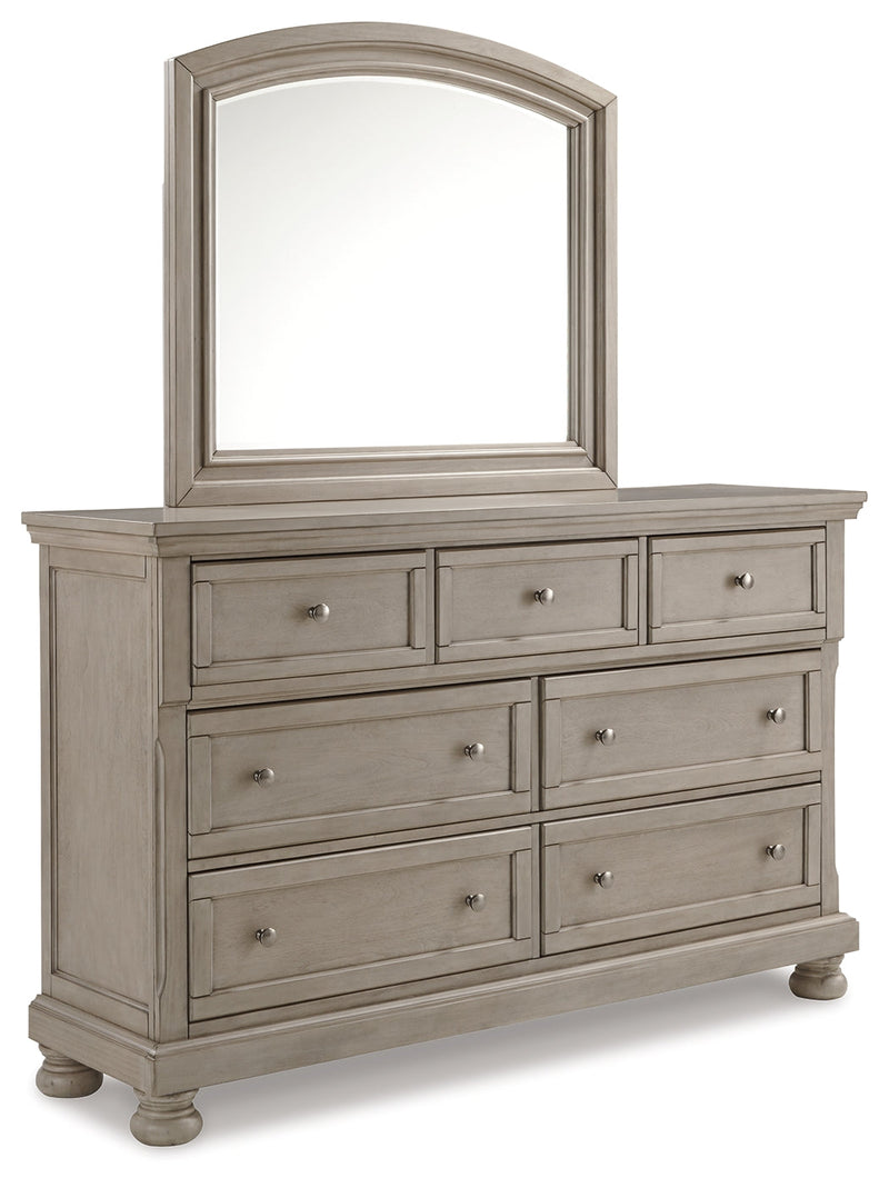 Lettner California King Panel Bed with Mirrored Dresser, Chest and Nightstand in Light Gray from Ashley - DMV Furniture