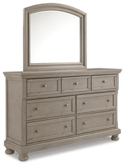 Lettner California King Panel Bed with Mirrored Dresser in Light Gray - PKG006596