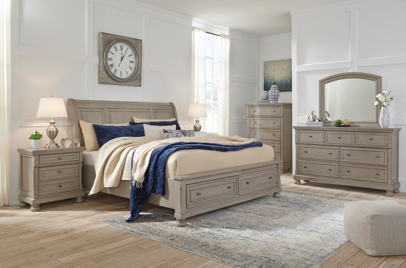 Lettner California King Sleigh Bed with 2 Storage Drawers and Dresser in Light Gray - PKG006607