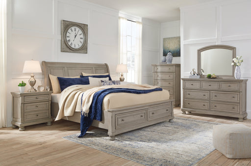 Lettner California King Sleigh Bed with Mirrored Dresser, Chest and Nightstand in Light Gray from Ashley - DMV Furniture