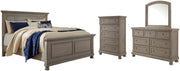 Lettner King Panel Bed with Mirrored Dresser and Chest in Light Gray - PKG006592
