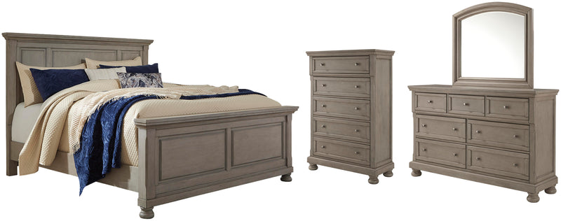 Lettner King Panel Bed with Mirrored Dresser and Chest in Light Gray - PKG006592
