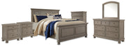 Lettner King Panel Bed with Mirrored Dresser, Chest and 2 Nightstands in Light Gray from Ashley - DMV Furniture