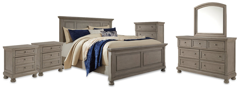 Lettner King Panel Bed with Mirrored Dresser, Chest and 2 Nightstands in Light Gray from Ashley - DMV Furniture