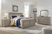 Lettner King Panel Bed with Mirrored Dresser, Chest and 2 Nightstands in Light Gray from Ashley - DMV Furniture