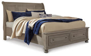 Lettner King Sleigh Bed with 2 Storage Drawers with Mirrored Dresser in Light Gray - PKG006602
