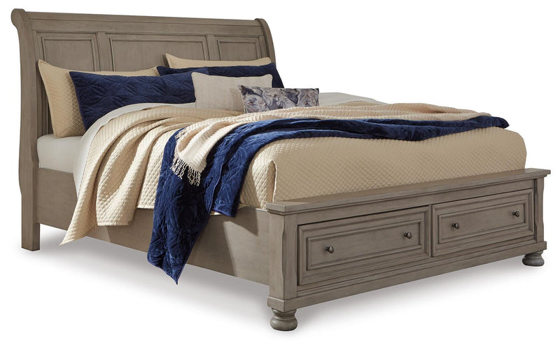 Lettner King Sleigh Bed with 2 Storage Drawers with Mirrored Dresser in Light Gray - PKG006602