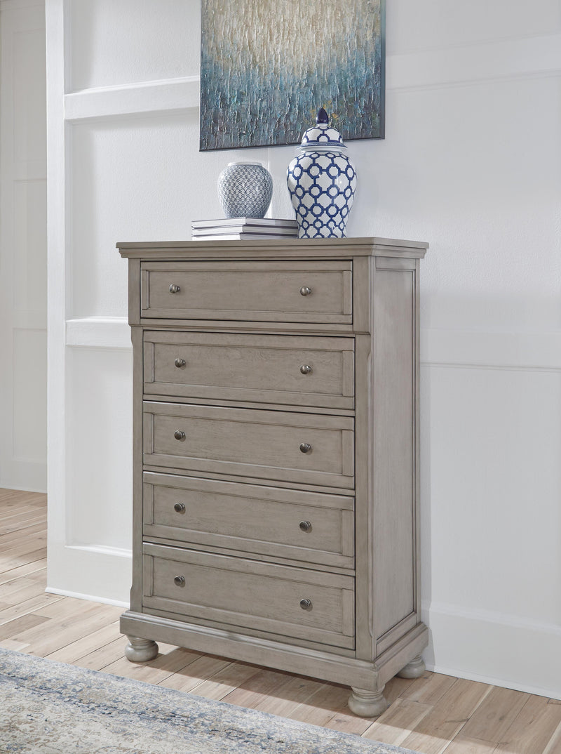 Lettner Light Gray California King Panel Bed, Dresser, Chest and 2 Nightstands - B733B47