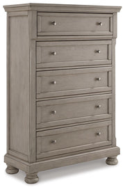 Lettner Light Gray California King Panel Bed, Dresser, Chest and 2 Nightstands - B733B47