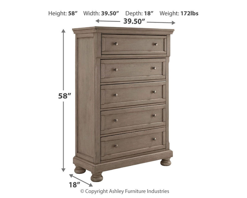 Lettner Light Gray California King Panel Bed, Dresser, Chest and 2 Nightstands - B733B47