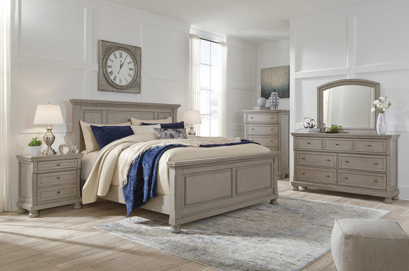 Lettner Light Gray California King Panel Bed, Dresser, Chest and 2 Nightstands - B733B47