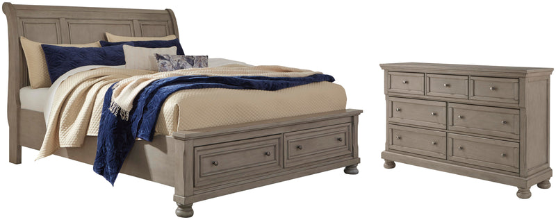 Lettner Queen Sleigh Bed with 2 Storage Drawers and Dresser in Light Gray - PKG006581