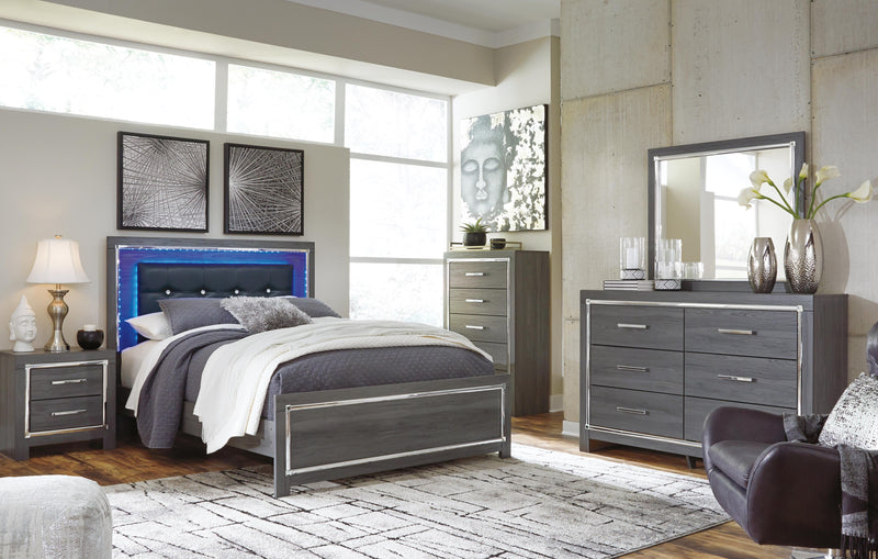 Lodanna Gray Queen Upholstered Panel Bed, Dresser, Mirror and 2 Nightstands - B214B36