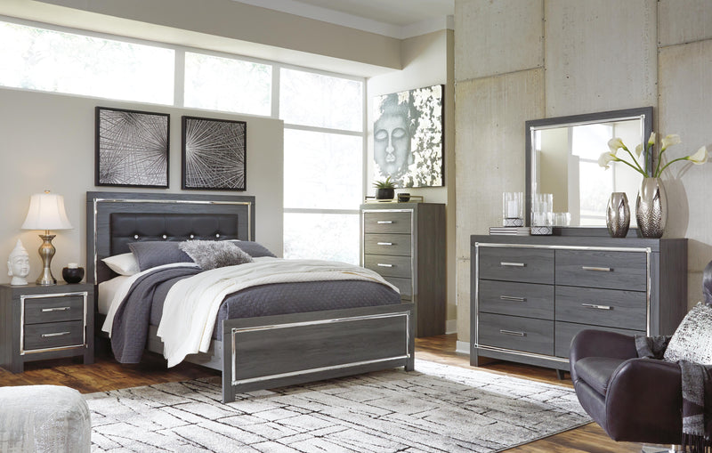 Lodanna Gray Queen Upholstered Panel Bed, Dresser, Mirror and 2 Nightstands - B214B36