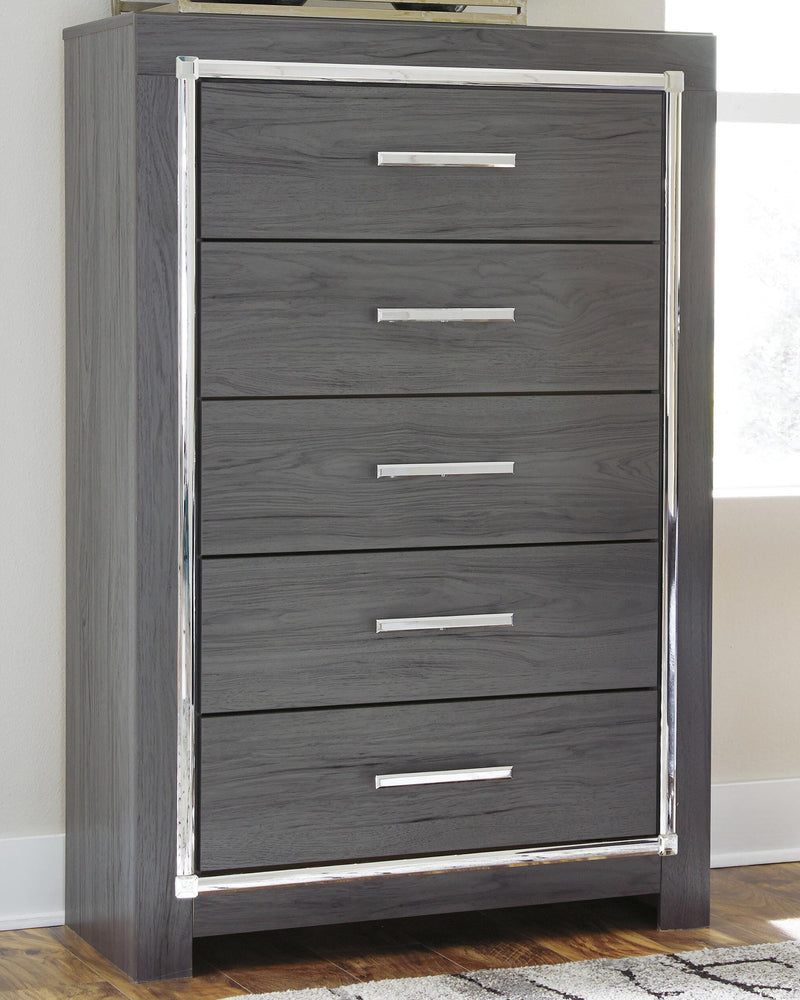 Lodanna Gray Queen Upholstered Panel Bed, Dresser, Mirror and 2 Nightstands - B214B36