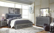 Lodanna King Panel Bed with 2 Storage Drawers with Mirrored Dresser and Chest in Gray - PKG003572