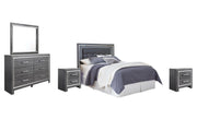 Lodanna Queen/Full Upholstered Panel Headboard Bed with Mirrored Dresser and 2 Nightstands in Gray - PKG003487