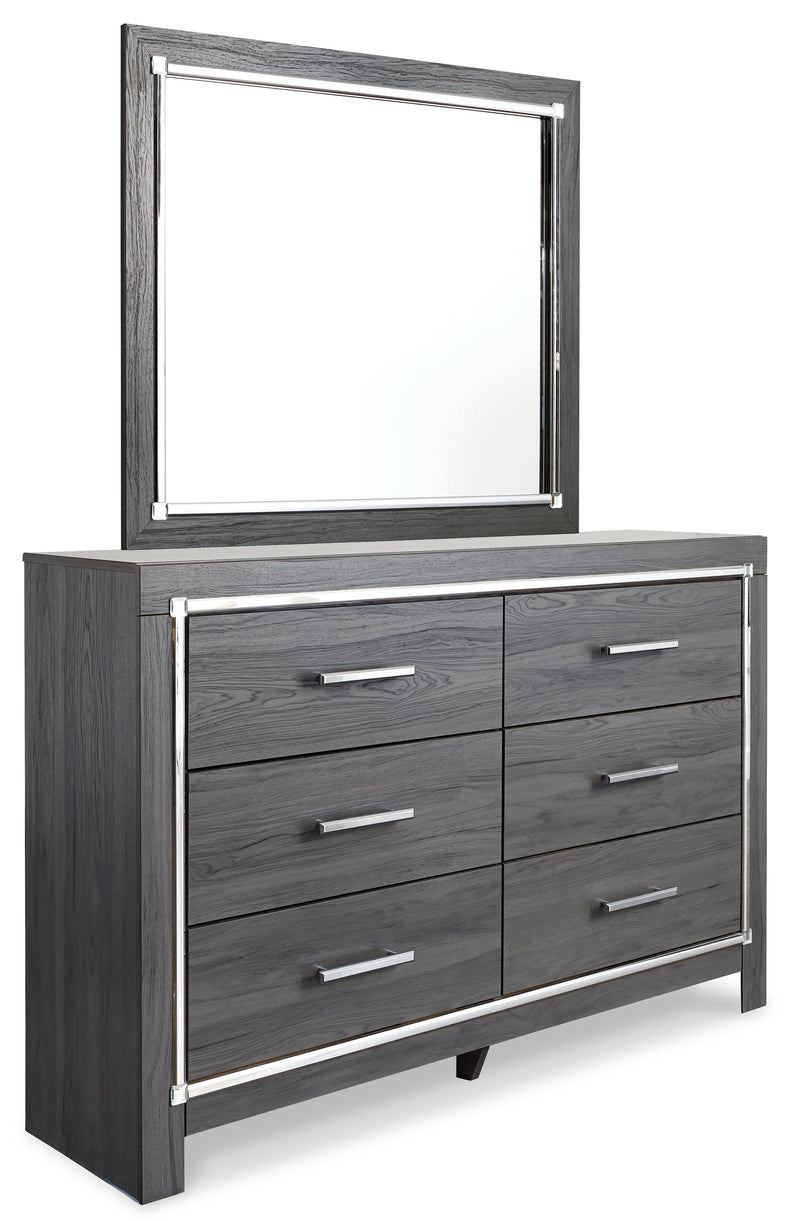 Lodanna Queen/Full Upholstered Panel Headboard Bed with Mirrored Dresser and 2 Nightstands in Gray - PKG003487