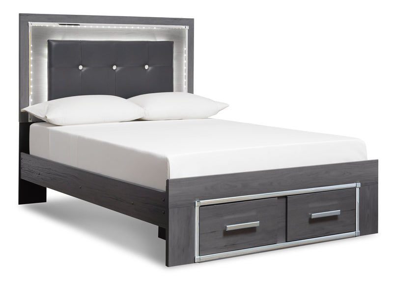 Lodanna Queen Panel Bed with 2 Storage Drawers with Mirrored Dresser and 2 Nightstands in Gray - PKG003602