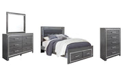 Lodanna Queen Panel Bed with 2 Storage Drawers with Mirrored Dresser and Chest in Gray - PKG003603