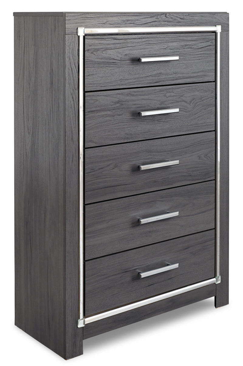 Lodanna Queen Panel Bed with 2 Storage Drawers with Mirrored Dresser and Chest in Gray - PKG003603