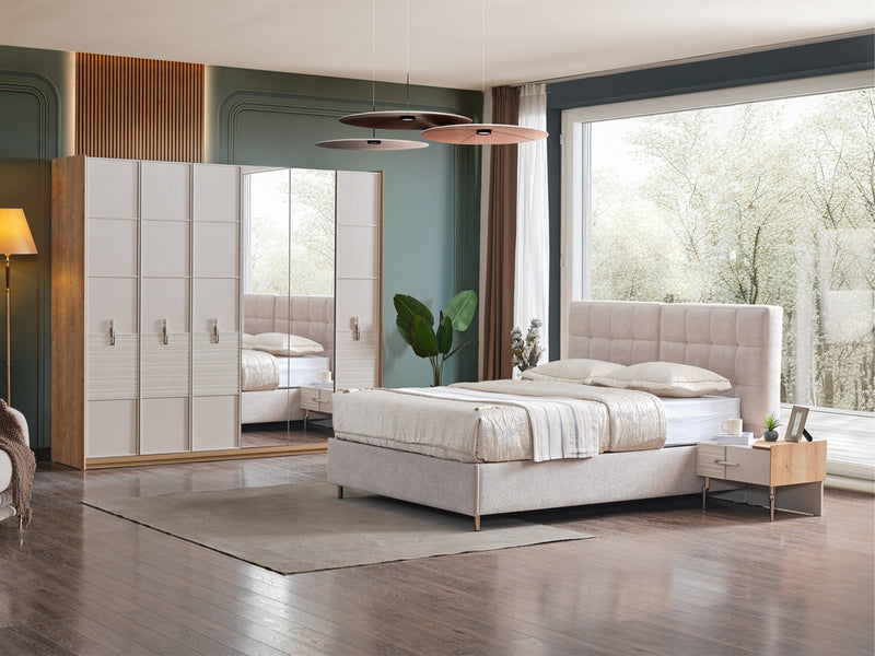 Lugano Bedroom (Queen Frame With Headboard & Dresser With Mirror & Ottoman & 2 Nightstand) - 200-ELIF-LUG-A221-QBED-SET