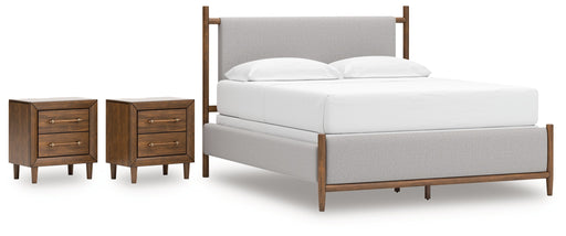Lyncott California King Upholstered Bed with 2 Nightstands in Brown from Ashley - DMV Furniture
