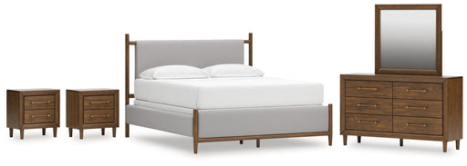 Lyncott California King Upholstered Bed with Mirrored Dresser and 2 Nightstands in Brown from Ashley - DMV Furniture