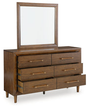 Lyncott California King Upholstered Bed with Mirrored Dresser and 2 Nightstands in Brown from Ashley - DMV Furniture