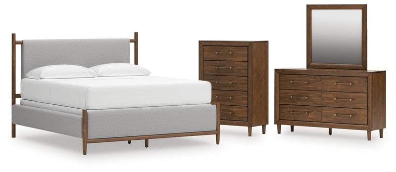 Lyncott California King Upholstered Bed with Mirrored Dresser and Chest in Brown from Ashley - DMV Furniture