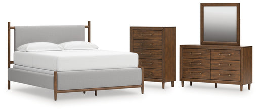 Lyncott California King Upholstered Bed with Mirrored Dresser and Chest in Brown from Ashley - DMV Furniture