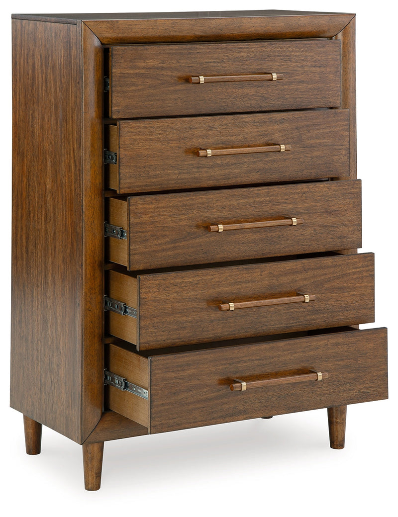Lyncott California King Upholstered Bed with Mirrored Dresser and Chest in Brown from Ashley - DMV Furniture