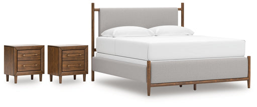 Lyncott King Upholstered Bed with 2 Nightstands in Brown from Ashley - DMV Furniture